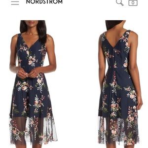 Vince Camuto Floral Embroidered Mesh Midi Dress